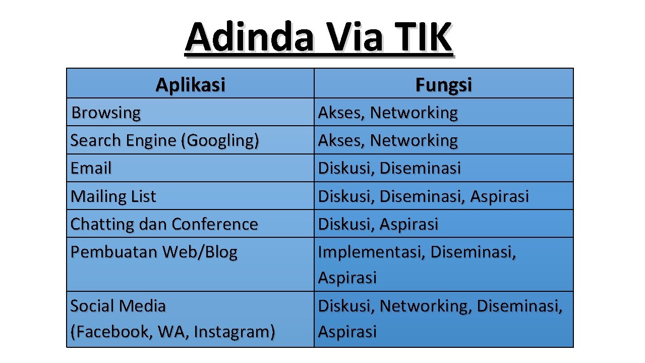 Adinda Via TIK Aplikasi Browsing Search Engine (Googling) Email Mailing List Chatting dan Conference