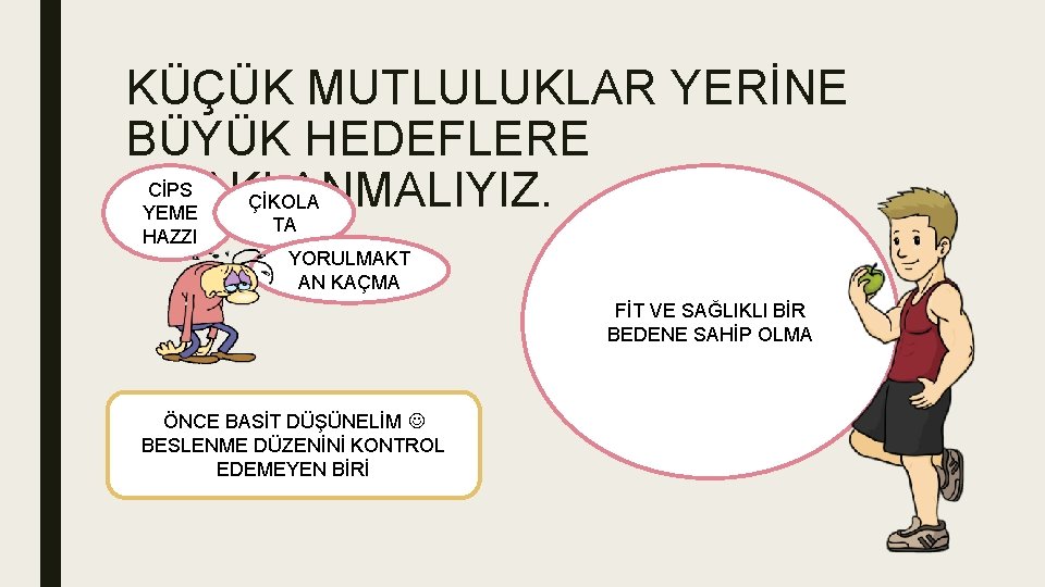 KÜÇÜK MUTLULUKLAR YERİNE BÜYÜK HEDEFLERE CİPS ODAKLANMALIYIZ. ÇİKOLA YEME HAZZI TA YORULMAKT AN KAÇMA