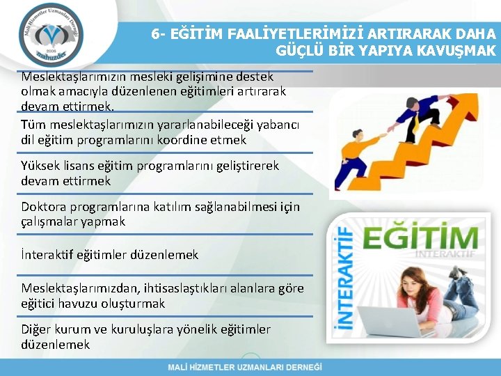 6 - EĞİTİM FAALİYETLERİMİZİ ARTIRARAK DAHA GÜÇLÜ BİR YAPIYA KAVUŞMAK Meslektaşlarımızın mesleki gelişimine destek