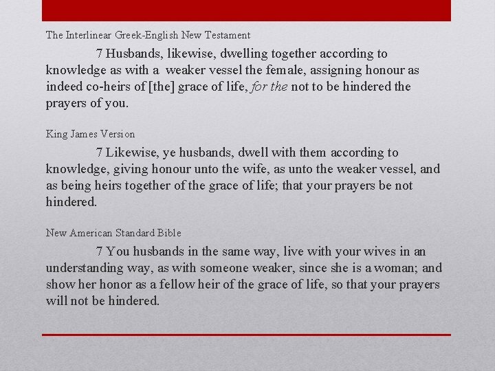 The Interlinear Greek-English New Testament 7 Husbands, likewise, dwelling together according to knowledge as