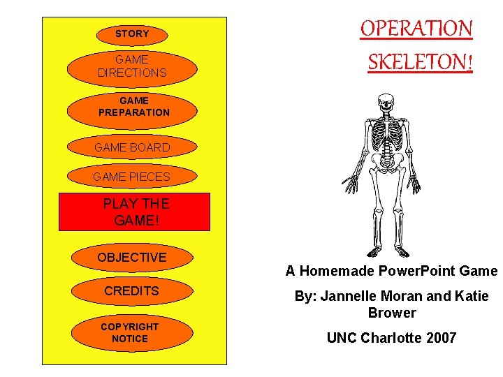 STORY GAME DIRECTIONS OPERATION SKELETON! GAME PREPARATION GAME BOARD GAME PIECES PLAY THE GAME!
