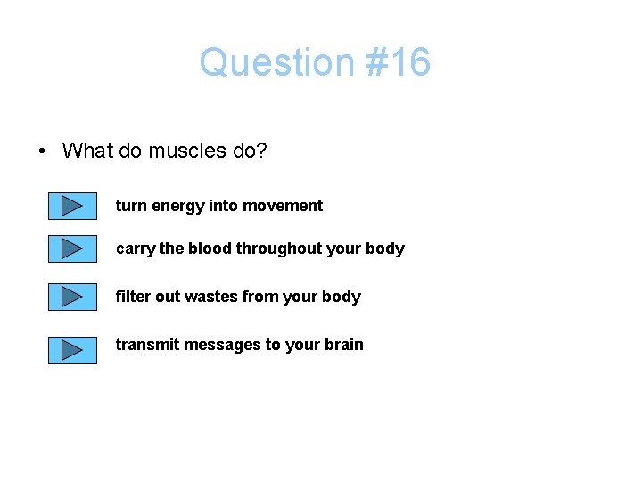 Question #16 • What do muscles do? turn energy into movement carry the blood