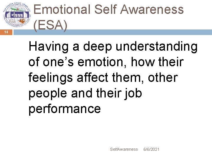 14 Emotional Self Awareness (ESA) Having a deep understanding of one’s emotion, how their
