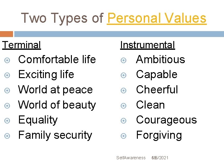 Two Types of Personal Values Terminal Comfortable life Exciting life World at peace World