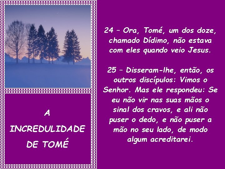 24 – Ora, Tomé, um dos doze, chamado Dídimo, não estava com eles quando