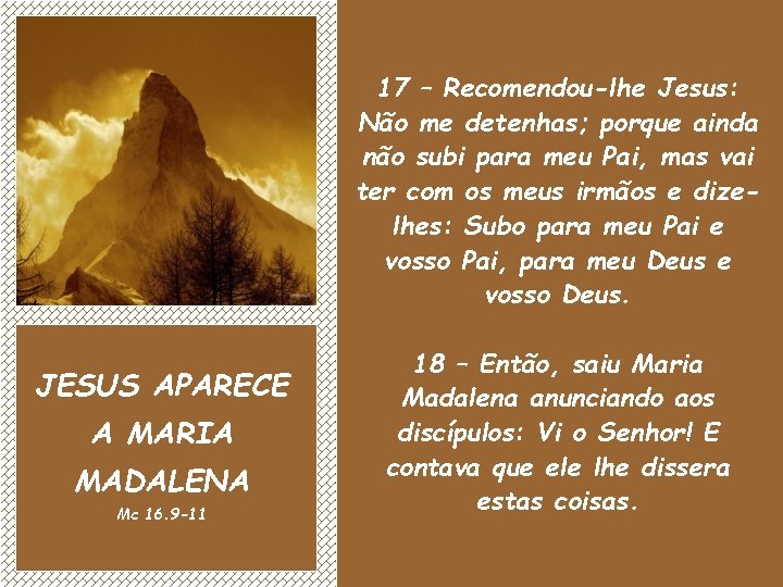 17 – Recomendou-lhe Jesus: Não me detenhas; porque ainda não subi para meu Pai,