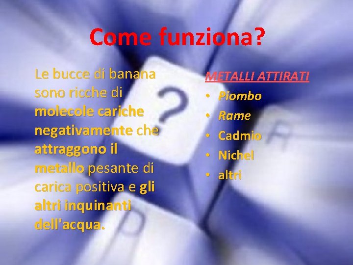 Come funziona? Le bucce di banana sono ricche di molecole cariche negativamente che attraggono