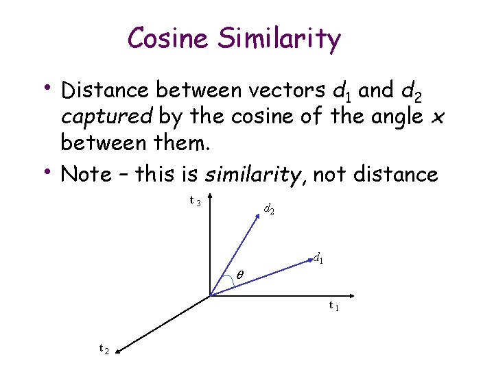 Cosine Similarity • Distance between vectors d 1 and d 2 • captured by