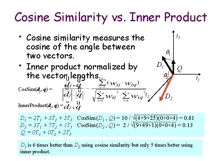 Cosine Similarity vs. Inner Product • • Cosine similarity measures the cosine of the