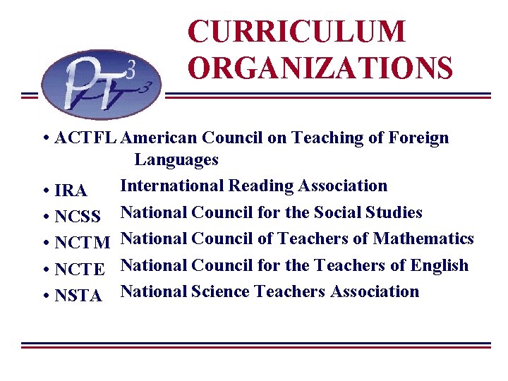 CURRICULUM ORGANIZATIONS • ACTFL American Council on Teaching of Foreign Languages International Reading Association