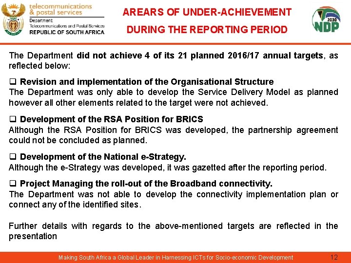 AREARS OF UNDER-ACHIEVEMENT DURING THE REPORTING PERIOD The Department did not achieve 4 of