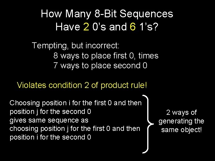 How Many 8 -Bit Sequences Have 2 0’s and 6 1’s? Tempting, but incorrect:
