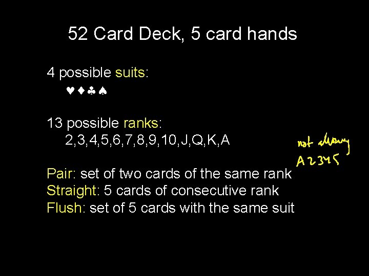 52 Card Deck, 5 card hands 4 possible suits: 13 possible ranks: 2, 3,