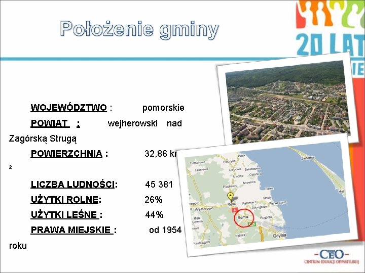 WOJEWÓDZTWO : POWIAT : pomorskie wejherowski nad Zagórską Strugą POWIERZCHNIA : 32, 86 km