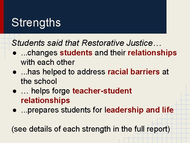 Strengths Students said that Restorative Justice… ●. . . changes students and their relationships