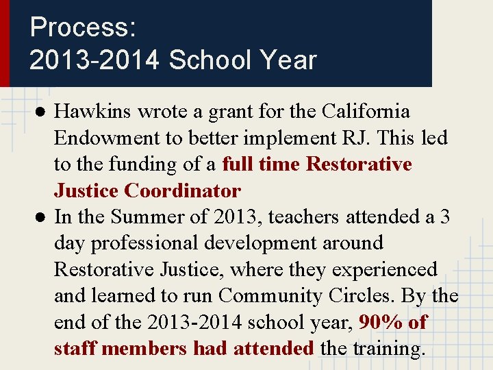 Process: 2013 -2014 School Year ● Hawkins wrote a grant for the California Endowment