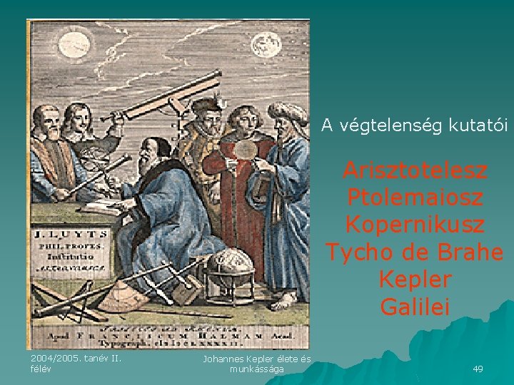 A végtelenség kutatói Arisztotelesz Ptolemaiosz Kopernikusz Tycho de Brahe Kepler Galilei 2004/2005. tanév II.
