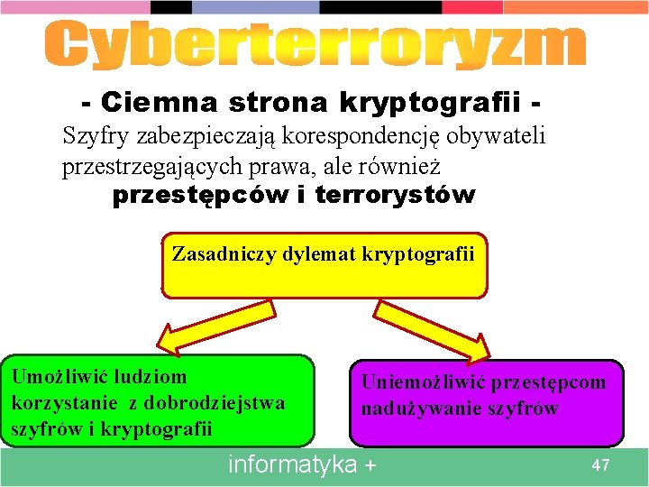 - Ciemna strona kryptografii Szyfry zabezpieczają korespondencję obywateli przestrzegających prawa, ale również przestępców i