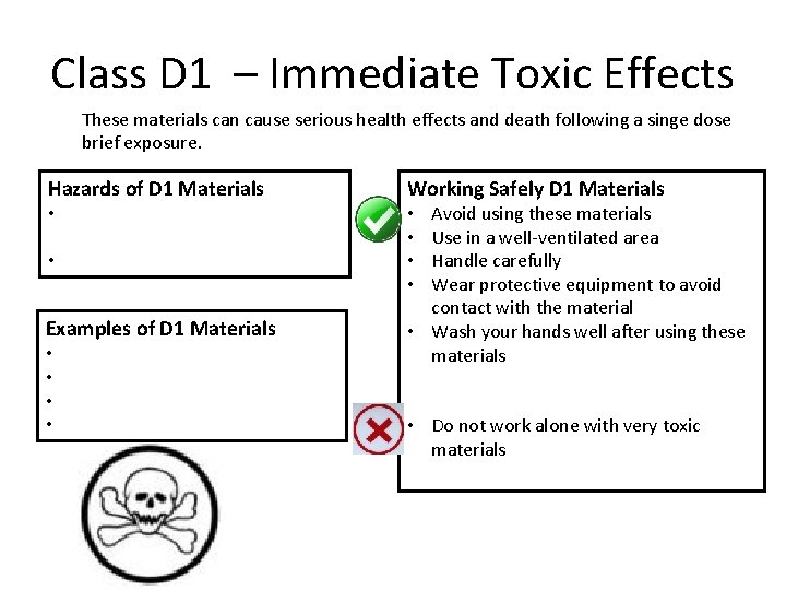 Class D 1 – Immediate Toxic Effects These materials can cause serious health effects Class D 1 – Immediate Toxic Effects These materials can cause serious health effects