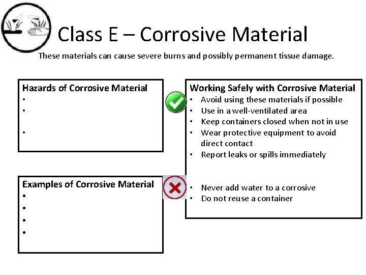 Class E – Corrosive Material These materials can cause severe burns and possibly permanent Class E – Corrosive Material These materials can cause severe burns and possibly permanent