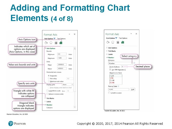 Adding and Formatting Chart Elements (4 of 8) Copyright © 2020, 2017, 2014 Pearson Adding and Formatting Chart Elements (4 of 8) Copyright © 2020, 2017, 2014 Pearson