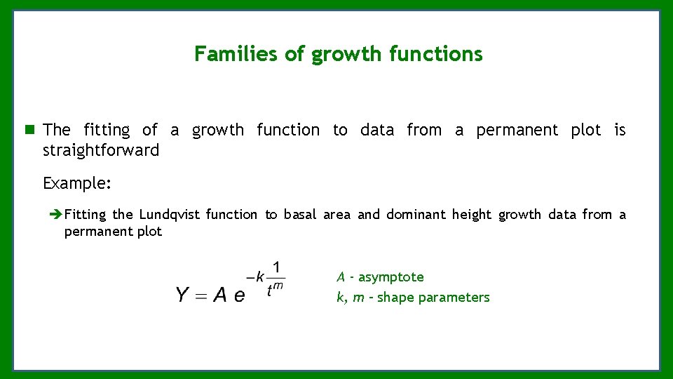 Families of growth functions The fitting of a growth function to data from a Families of growth functions The fitting of a growth function to data from a