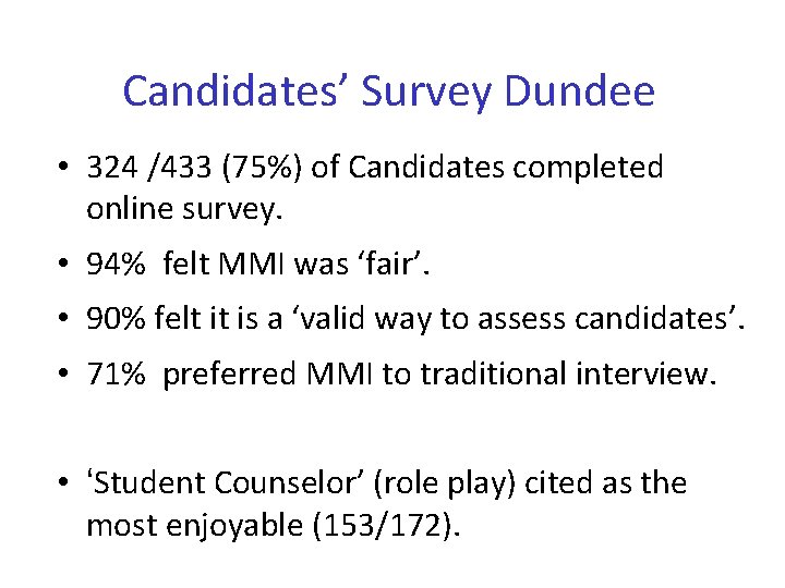 Candidates’ Survey Dundee • 324 /433 (75%) of Candidates completed online survey. • 94%