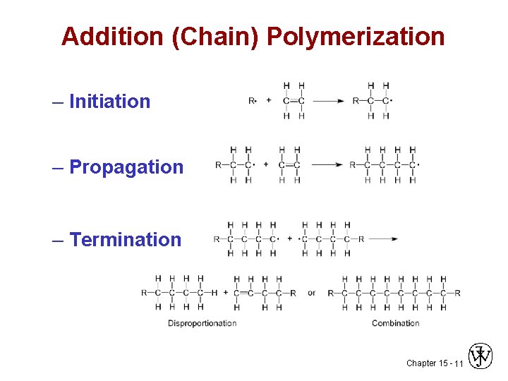 Addition (Chain) Polymerization – Initiation – Propagation – Termination Chapter 15 - 11 