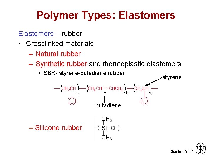 Polymer Types: Elastomers – rubber • Crosslinked materials – Natural rubber – Synthetic rubber