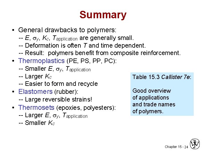 Summary • General drawbacks to polymers: -- E, y, Kc, Tapplication are generally small.