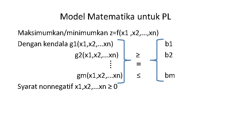 Model Matematika untuk PL Maksimumkan/minimumkan z=f(x 1 , x 2, . . . , Model Matematika untuk PL Maksimumkan/minimumkan z=f(x 1 , x 2, . . . ,
