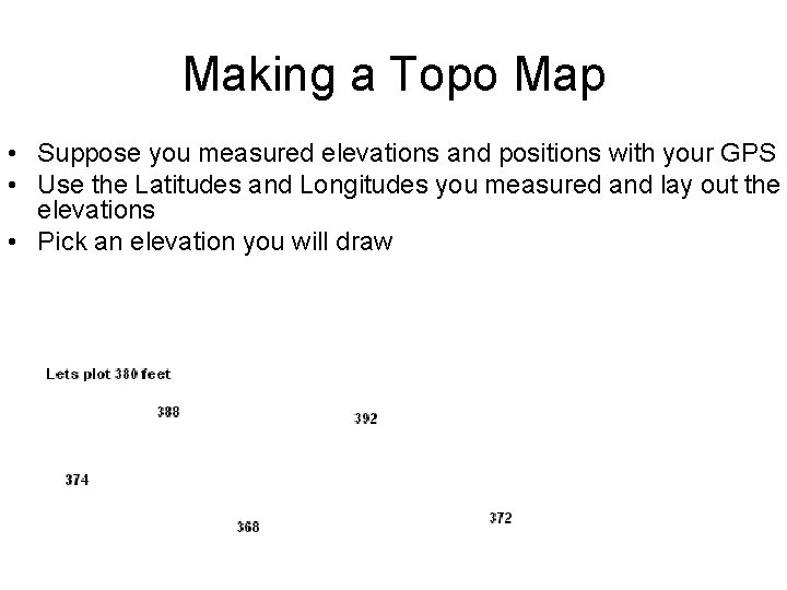Making a Topo Map • Suppose you measured elevations and positions with your GPS Making a Topo Map • Suppose you measured elevations and positions with your GPS
