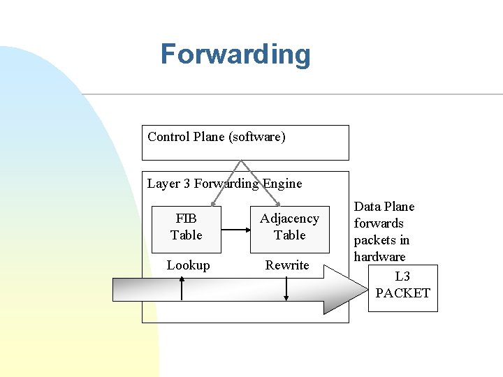 Forwarding Control Plane (software) Layer 3 Forwarding Engine FIB Table Adjacency Table Lookup Rewrite