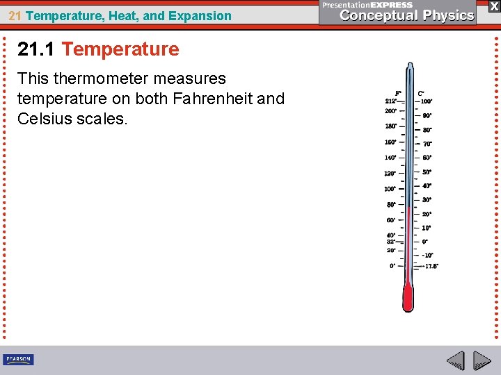 21 Temperature, Heat, and Expansion 21. 1 Temperature This thermometer measures temperature on both