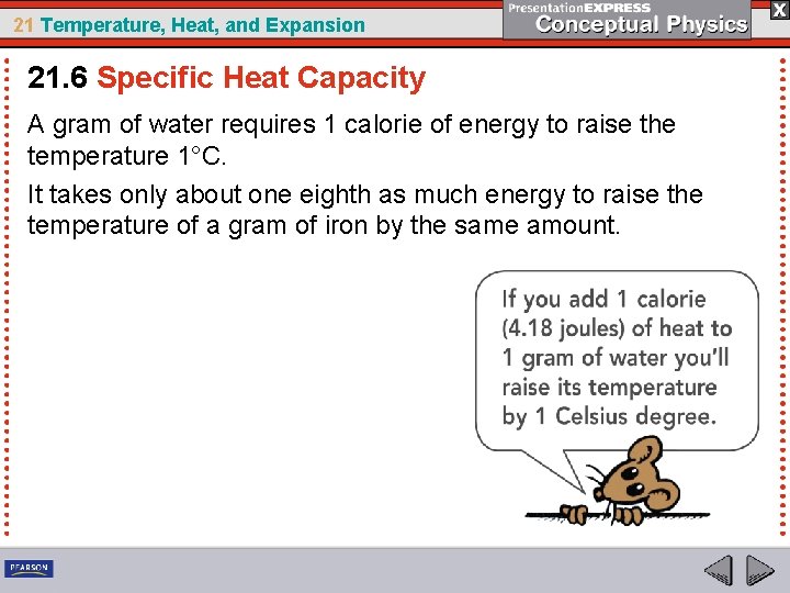 21 Temperature, Heat, and Expansion 21. 6 Specific Heat Capacity A gram of water