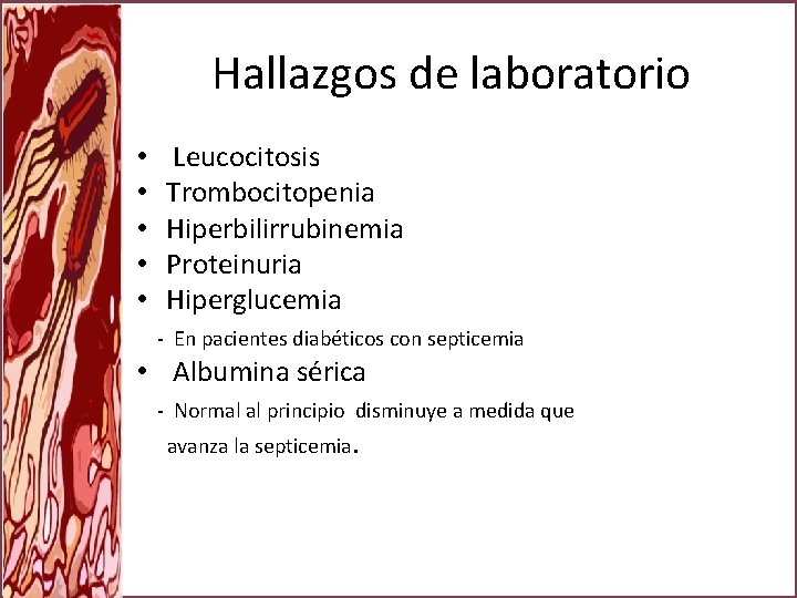 Hallazgos de laboratorio • • • Leucocitosis Trombocitopenia Hiperbilirrubinemia Proteinuria Hiperglucemia - En pacientes