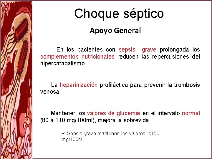 Choque séptico Apoyo General En los pacientes con sepsis grave prolongada los complementos nutricionales