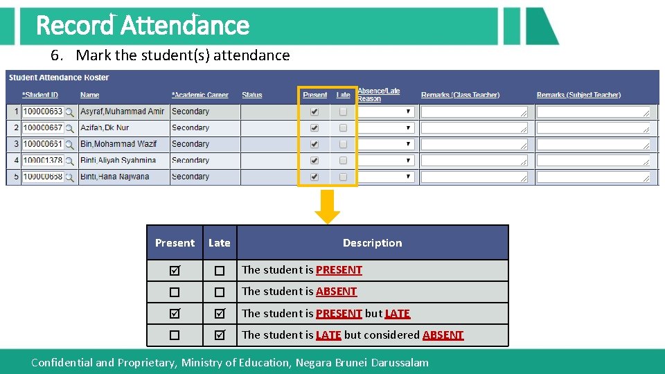 Record Attendance 6. Mark the student(s) attendance Present Late Description The student is PRESENT