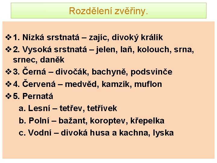 Rozdělení zvěřiny. v 1. Nízká srstnatá – zajíc, divoký králík v 2. Vysoká srstnatá