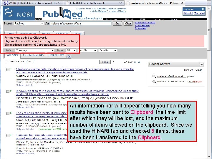 Send to Clipboard 2 An information bar will appear telling you how many results