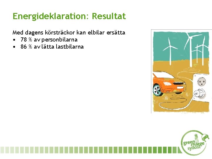 Energideklaration: Resultat Med dagens körsträckor kan elbilar ersätta • 78 % av personbilarna •