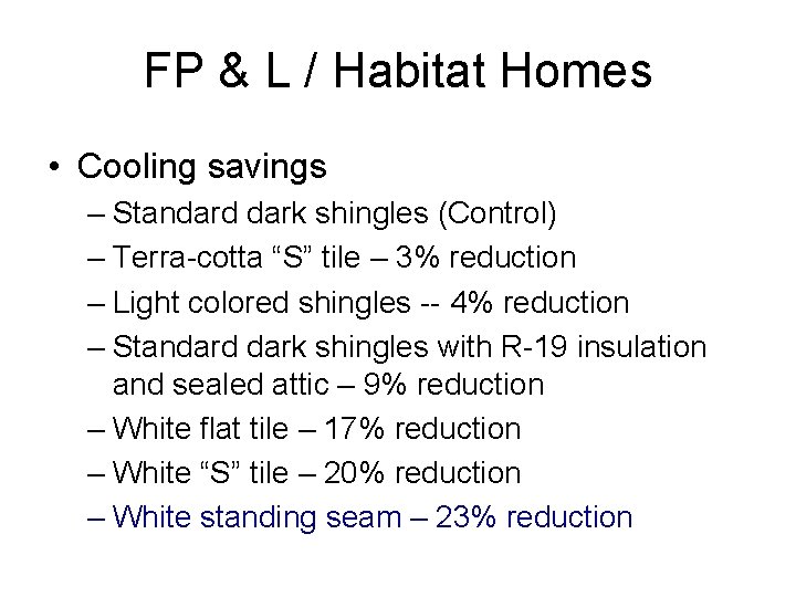FP & L / Habitat Homes • Cooling savings – Standard dark shingles (Control)