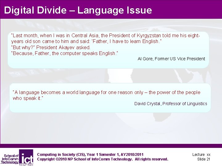 Digital Divide – Language Issue “Last month, when I was in Central Asia, the