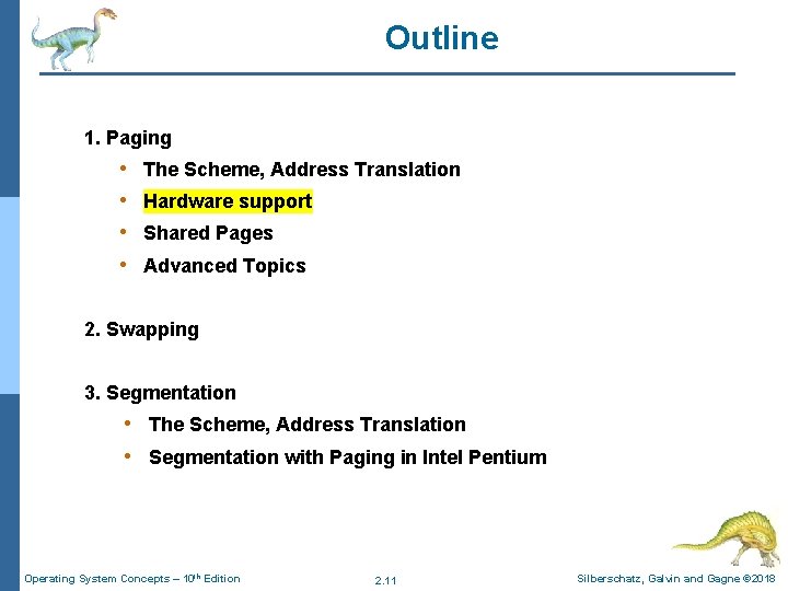 Outline 1. Paging • • The Scheme, Address Translation Hardware support Shared Pages Advanced Outline 1. Paging • • The Scheme, Address Translation Hardware support Shared Pages Advanced