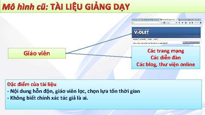 Mô hình cũ: TÀI LIỆU GIẢNG DẠY Giáo viên Các trang mạng Các diễn