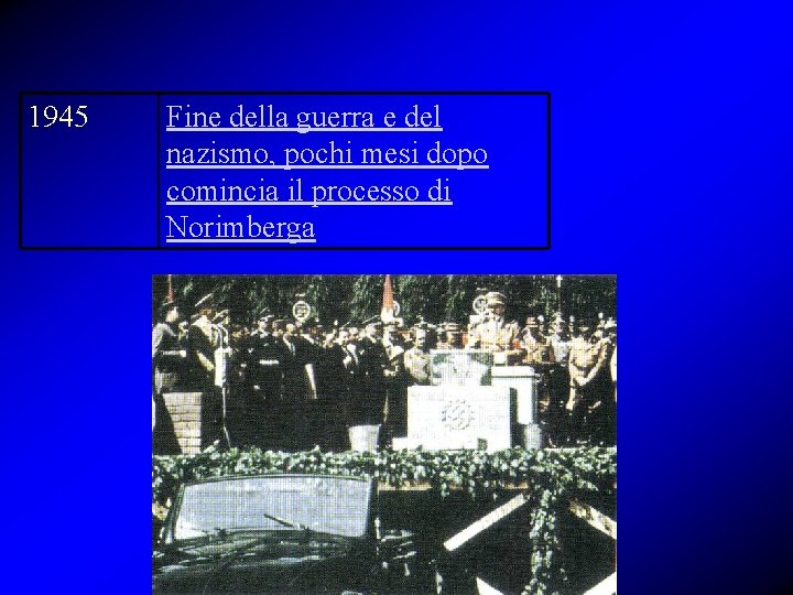 1945 Fine della guerra e del nazismo, pochi mesi dopo comincia il processo di