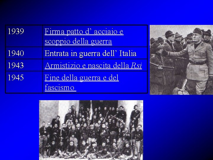 1939 1940 1943 1945 Firma patto d’ acciaio e scoppio della guerra Entrata in