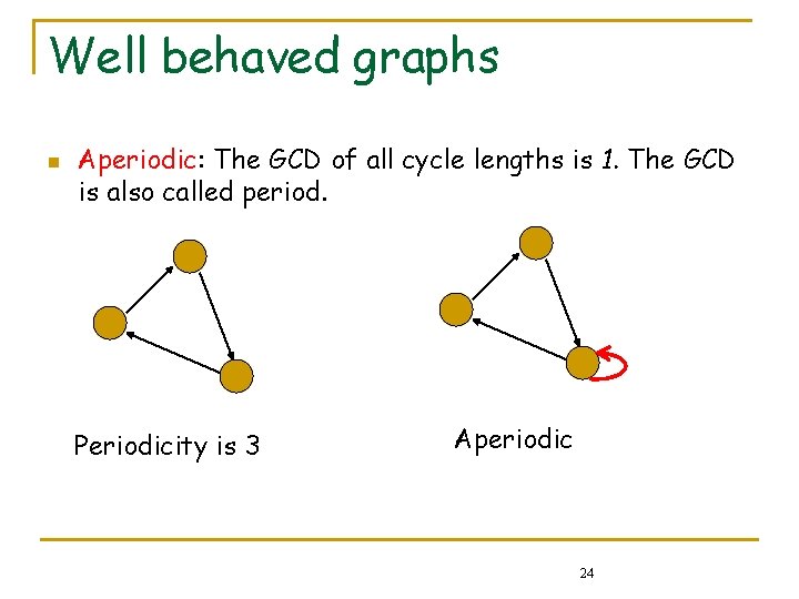 Well behaved graphs n Aperiodic: The GCD of all cycle lengths is 1. The Well behaved graphs n Aperiodic: The GCD of all cycle lengths is 1. The