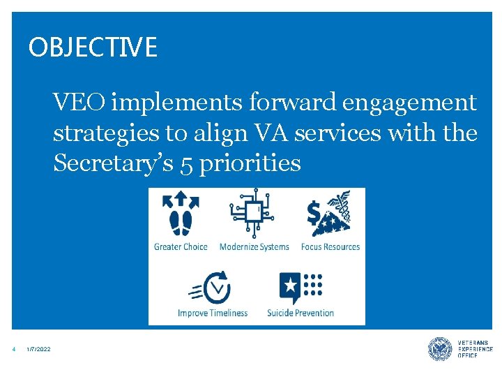 OBJECTIVE VEO implements forward engagement strategies to align VA services with the Secretary’s 5