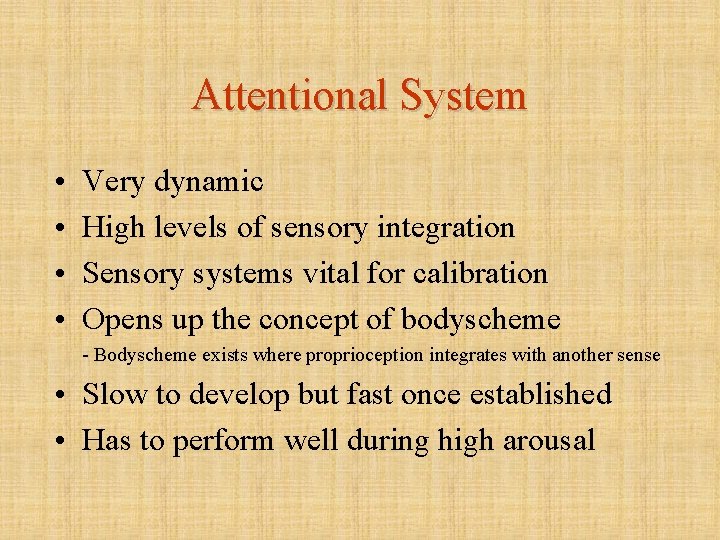 Attentional System • • Very dynamic High levels of sensory integration Sensory systems vital